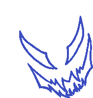 a blue drawing of a winged creature with sharp teeth