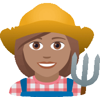 a woman wearing overalls and a straw hat holds a pitchfork