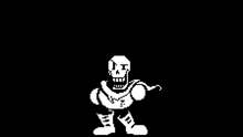 papyrus from undertale is dancing in a pixel art style in a black background .