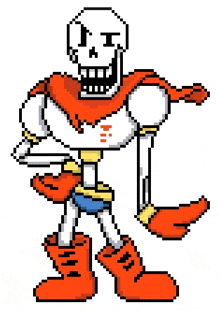 papyrus from undertale is a pixel art character with a red cape and boots .