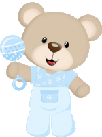 a teddy bear wearing blue overalls is holding a baby rattle