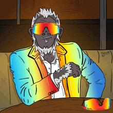 a cartoon drawing of a gorilla wearing a rainbow suit and sunglasses