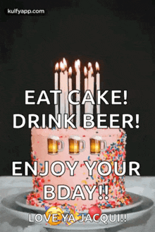 a birthday cake with candles and beer glasses on it .