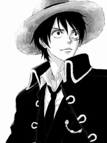 a black and white drawing of monkey d luffy from one piece wearing a hat and a suit .