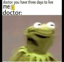 kermit the frog is smiling in a meme that says doctor : you have three days to live me doctor :