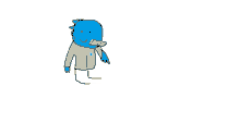 a drawing of a blue cartoon character wearing a grey jacket