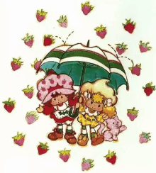 a drawing of strawberry shortcake holding an umbrella with strawberries around them