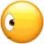 a close up of a yellow smiley face with a white eye and a black eye .