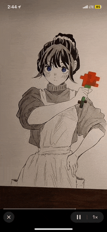 a drawing of a girl holding a flower with the time of 2.44