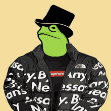 a frog wearing a top hat and a jacket that says any on it