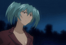 a girl with green hair and a red jacket is standing in the dark