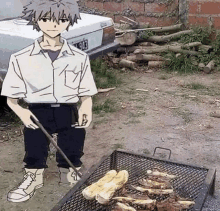 a man is standing next to a grill with meat on it and a car in the background .