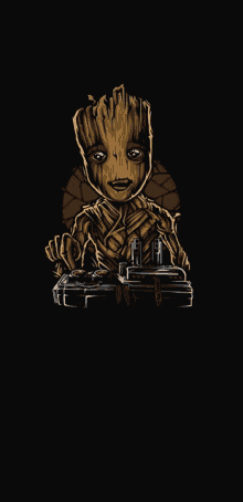 a drawing of a baby groot holding a video game controller