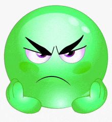 a green smiley face with an angry expression