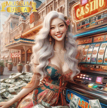 a woman is sitting in front of a slot machine with a sign that says casino on it