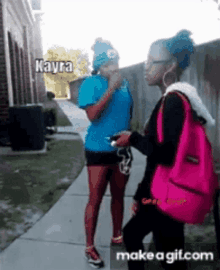 two girls standing on a sidewalk with kayra written on the top