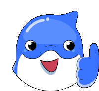 a blue and white cartoon dolphin giving a thumbs up