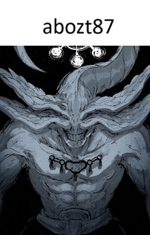 a drawing of a demon with horns and a necklace around his neck .