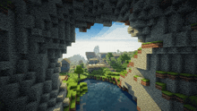 a view of a minecraft world with a river and houses