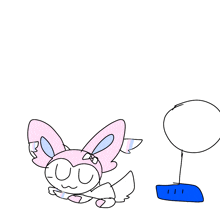 a drawing of a pink and white bunny laying down next to a blue object