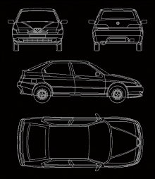 a black and white drawing of a car from the front , back , side and top