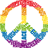 a peace sign is surrounded by the word peace in different colors