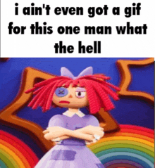 a cartoon doll with red hair and a purple dress is standing in front of a rainbow with her arms crossed .