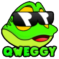 a cartoon frog wearing sunglasses and the word qweggy