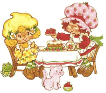 strawberry shortcake and lemon meringue pie are sitting at a table with a cat and a frog .