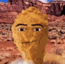 a close up of a fried chicken nugget 's face with a desert background .