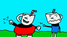 a cartoon of two cuphead characters standing next to each other in a field