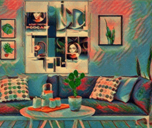 a painting of a living room with a couch and a table and a poster that says acme digital podcast