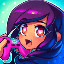 a cartoon girl with purple hair is holding a video game controller .