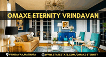 a living room with a couch and chairs and the words omaxe eternity vrindavan above it