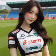 a woman wearing a soccer jersey that says sbobet