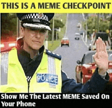 a police officer wearing a yellow vest and hat giving a high five