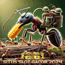 an advertisement for museum bola shows ants eating corn