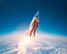 a man in a suit is flying through the air with a rocket behind him