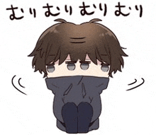 a cartoon boy is covering his face with a scarf and kneeling down .