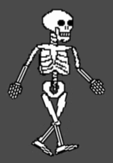 a pixel art drawing of a skeleton walking on a gray background