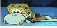 a cartoon of spongebob and squidward from spongebob squarepants laying on the floor .