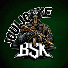 an illustration of a skull holding a gun with the letters bsk behind him