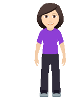 a woman wearing a purple shirt and black pants is smiling