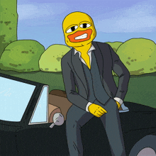 a cartoon drawing of a man in a suit sitting on the back of a car