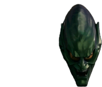 a close up of a green goblin 's head with a white background