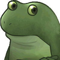 a green frog with big eyes is looking up at something