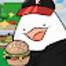 a cartoon chicken wearing a baseball cap is holding a hamburger in its mouth .