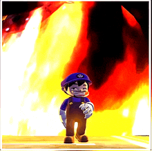 a cartoon character is standing in front of a large fire