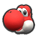 a red yoshi sticker with a big red nose and big eyes on a white background .