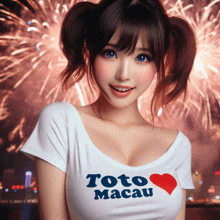 a woman wearing a toto macau t-shirt stands in front of fireworks